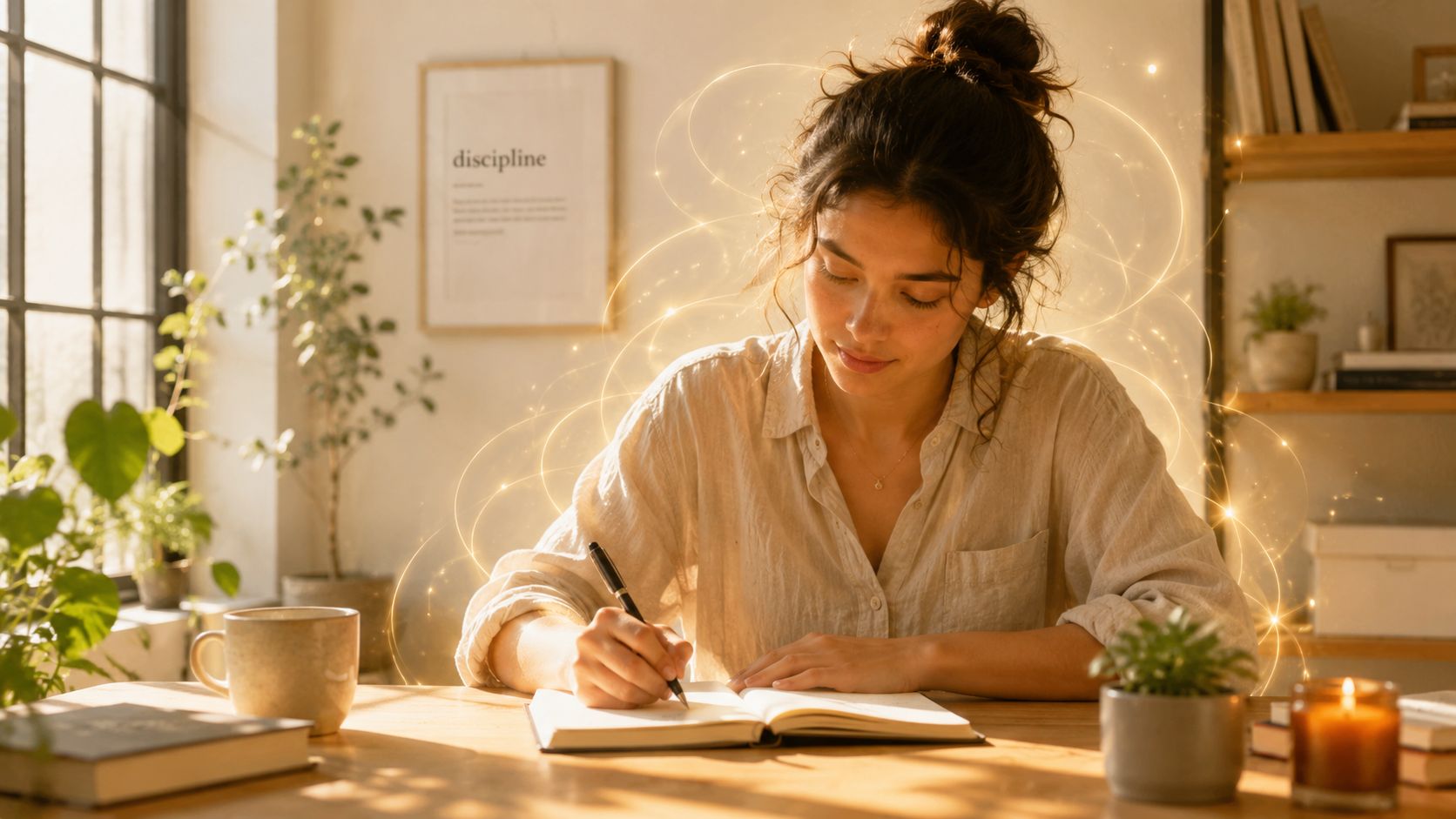 Une jeune femme concentrée écrit dans un carnet sur son bureau baigné par une lumière chaleureuse.