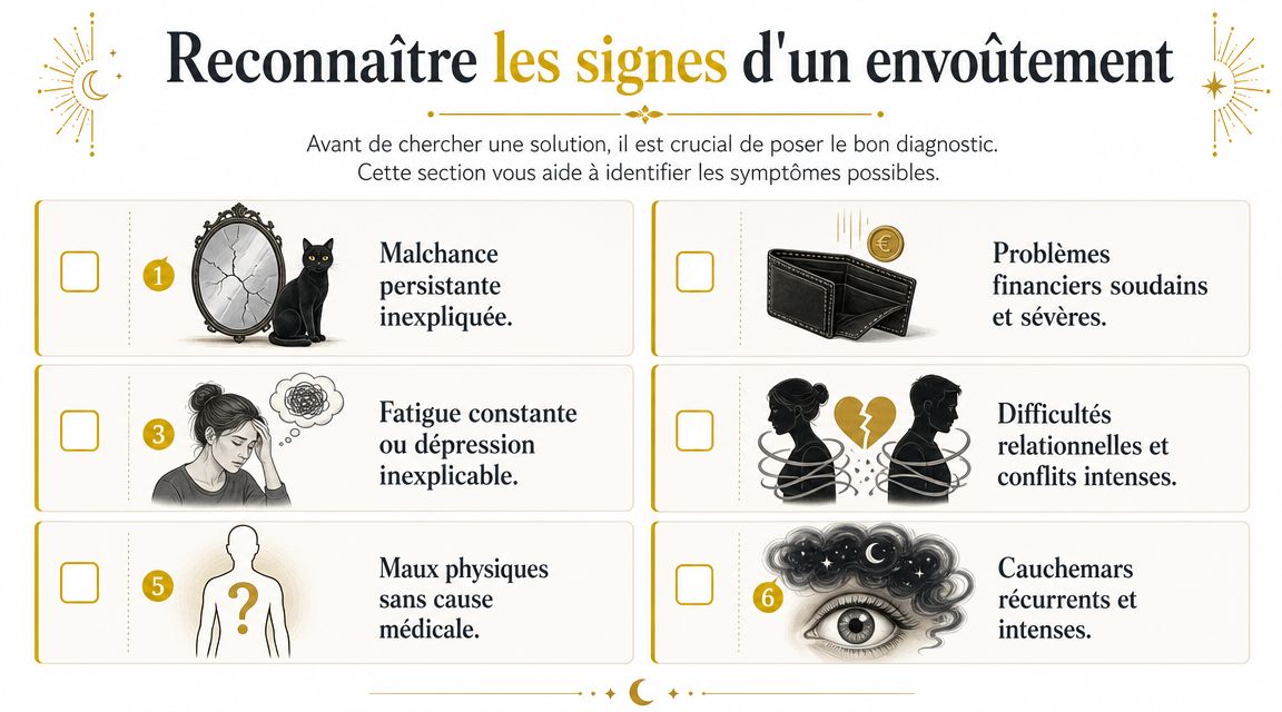 Une infographie listant six signes courants d'envoûtement comme la malchance, la fatigue, les problèmes financiers ou cauchemars.