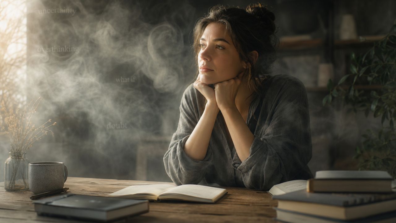 Une femme pensive assise à un bureau en bois entourée de mots symbolisant l'anxiété et le doute.