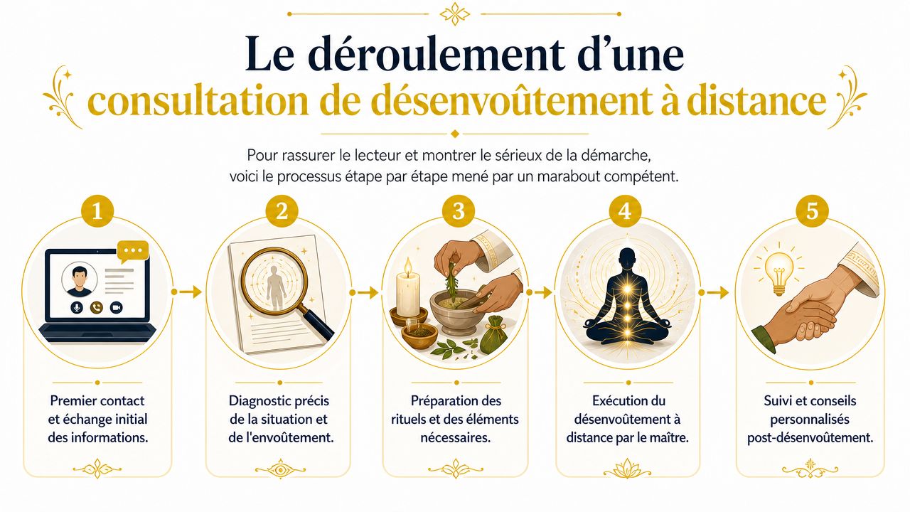 Infographie illustrant les cinq étapes d'une consultation de désenvoûtement à distance par un marabout expert.