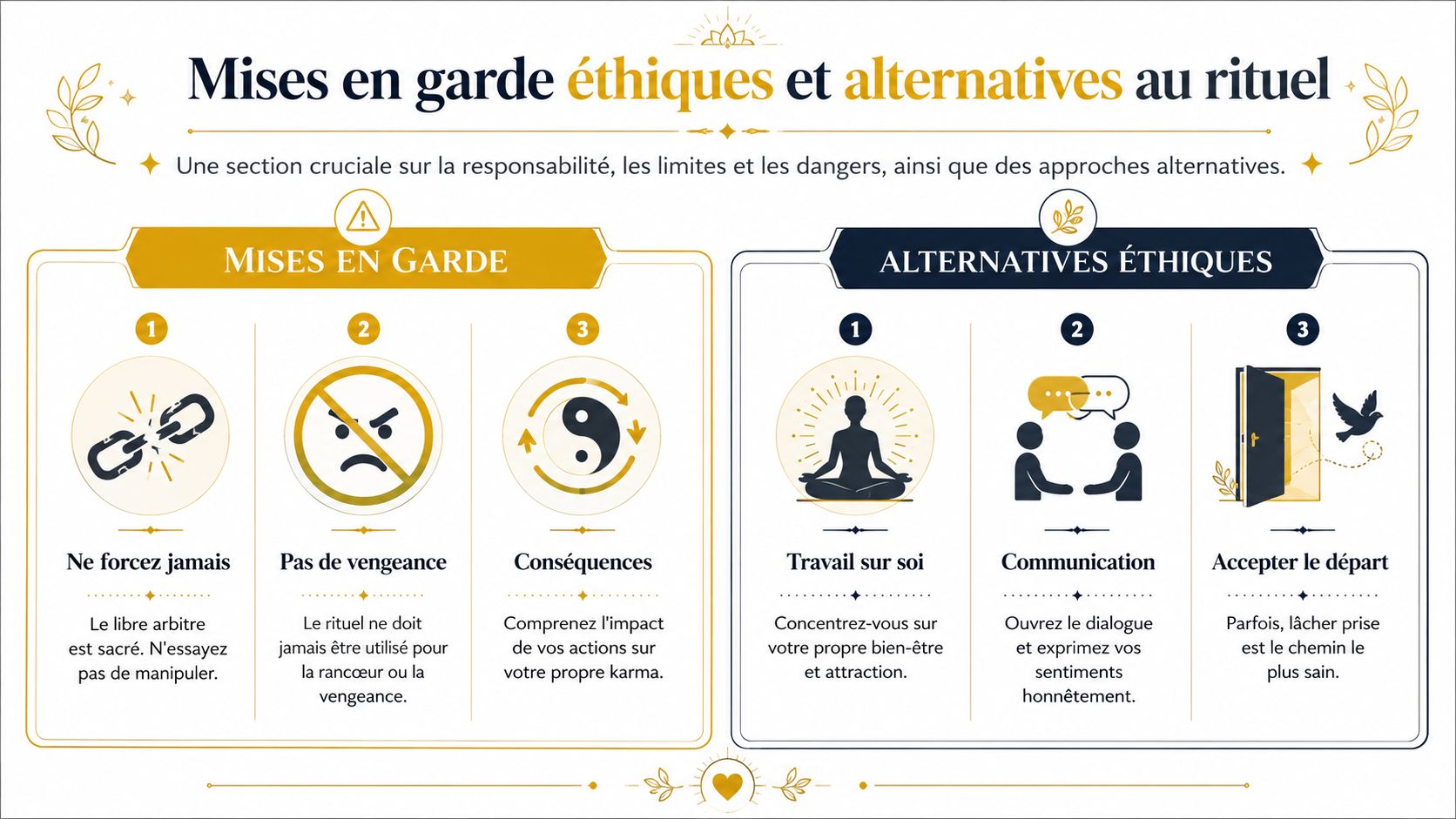 Rituel pour faire revenir l'être aimé: Guide complet 2026 Infographie illustrant des conseils éthiques sur les rituels amoureux, soulignant le respect, la communication et le lâcher-prise.