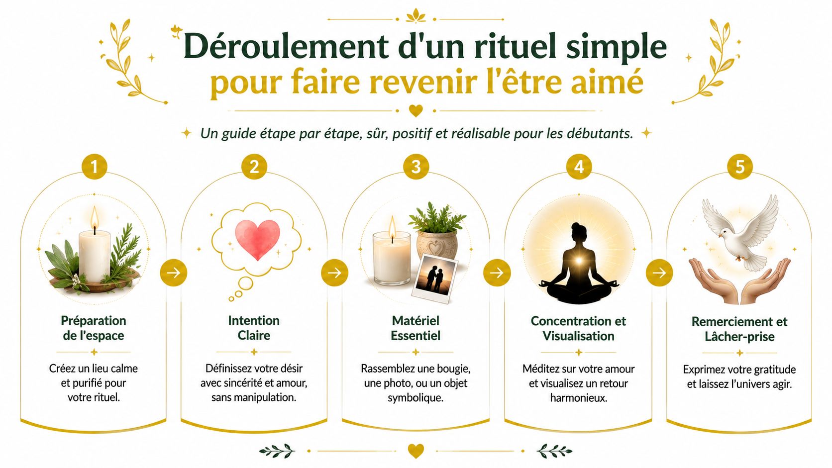 Rituel pour faire revenir l'être aimé: Guide complet 2026 Infographie illustrant les cinq étapes simples d'un rituel bienveillant pour attirer à nouveau l'être aimé vers soi.