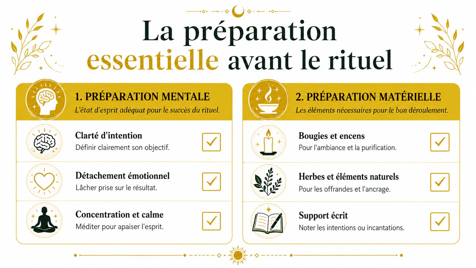 Rituel pour récupérer son ex: étapes et précautions Infographie illustrant les étapes de préparation mentale et matérielle nécessaires avant d'effectuer un rituel spirituel.