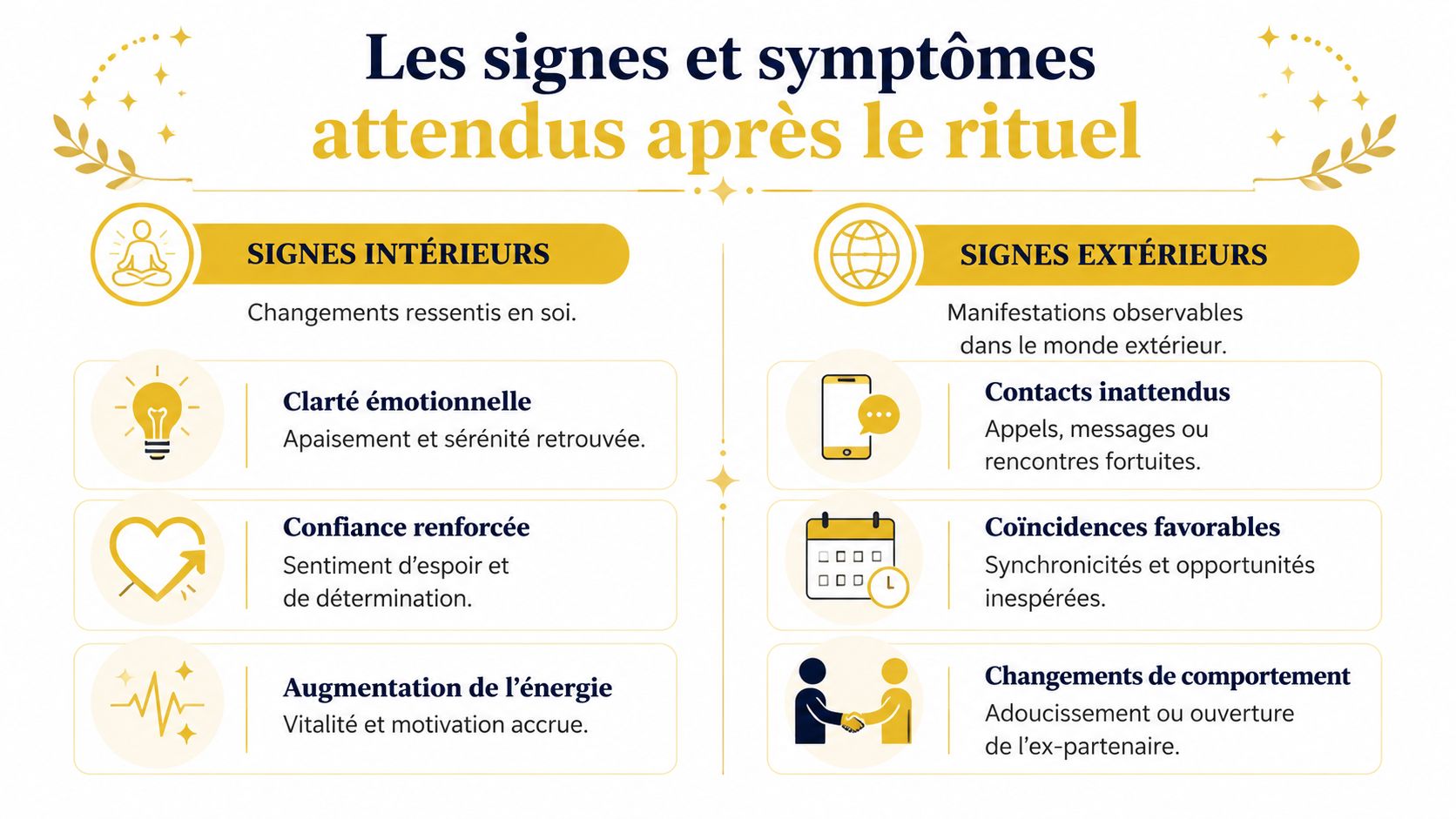 Rituel pour récupérer son ex: étapes et précautions Une infographie listant les signes intérieurs et extérieurs attendus après avoir réalisé un rituel de retour affectif.