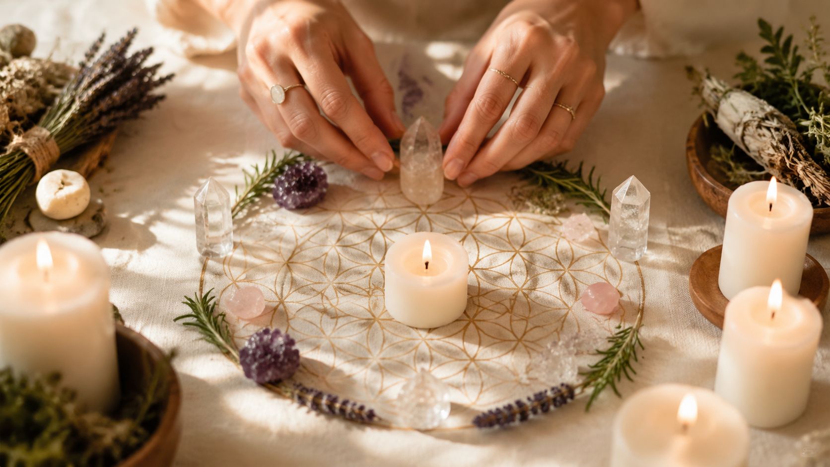 Rituel pour récupérer son ex: étapes et précautions Mains d'une personne organisant des cristaux et des bougies pour un rituel spirituel sur une table.