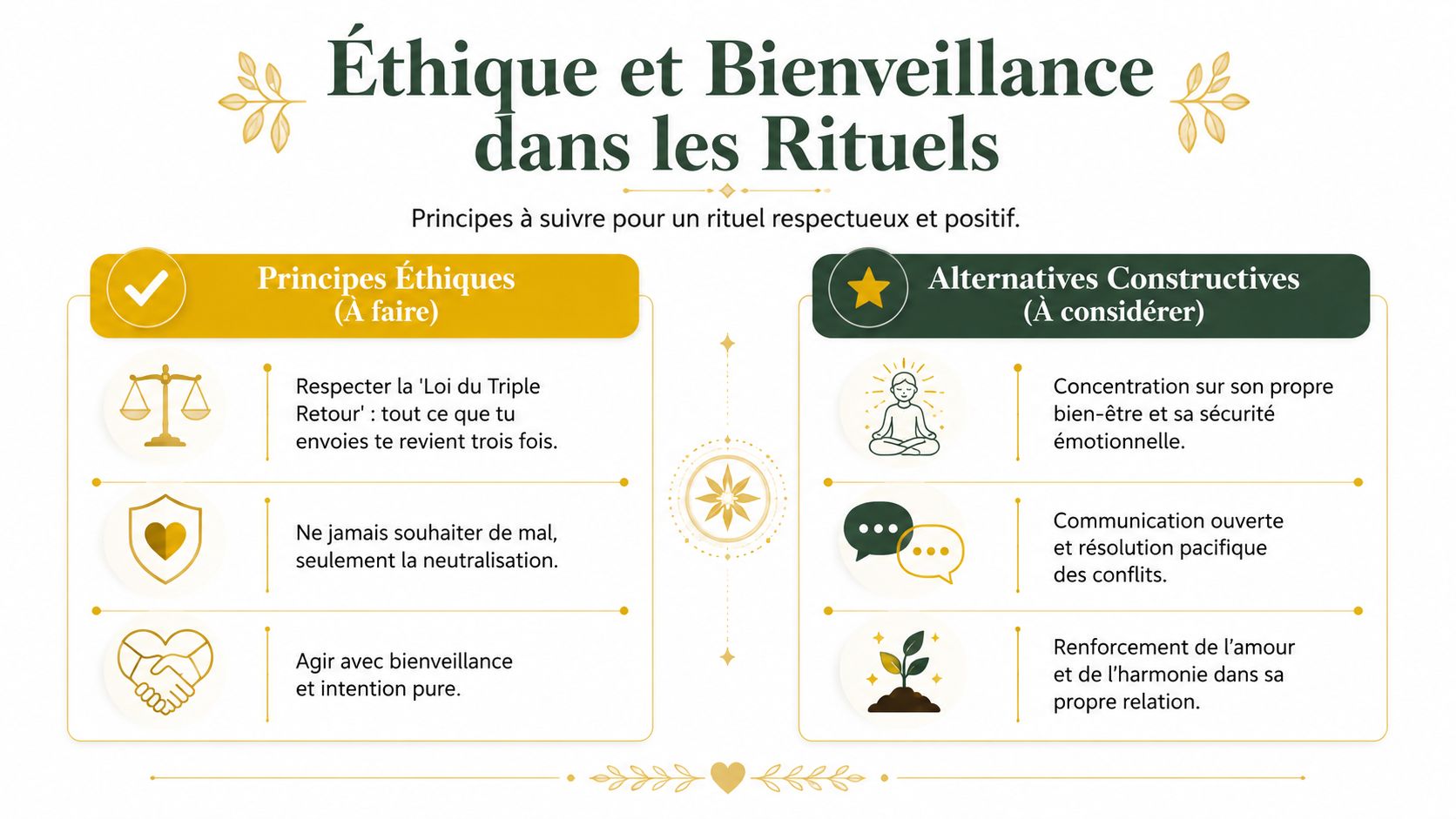 Infographie présentant les principes éthiques et les alternatives constructives pour pratiquer des rituels de manière bienveillante.
