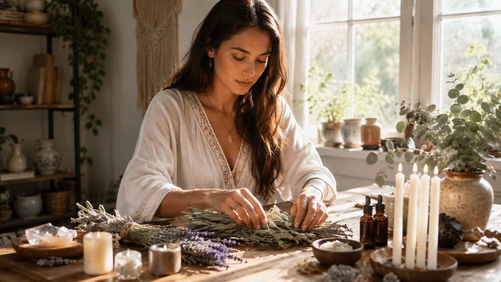 Rituel pour faire revenir l'être aimé: Guide complet 2026 Une jeune femme en robe blanche préparant des herbes séchées lors d'un rituel apaisant et spirituel.
