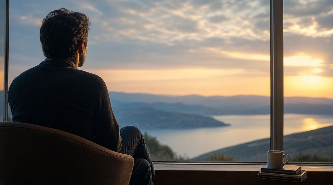 Rituel pour récupérer son ex: étapes et précautions Un homme assis dans un fauteuil devant une fenêtre contemplant un magnifique coucher de soleil sur un lac.