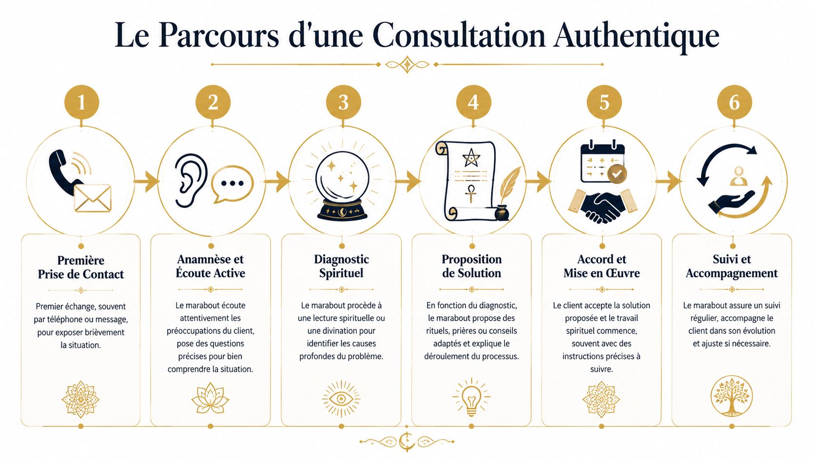 Infographie illustrant les six étapes structurées d'une consultation authentique avec un marabout africain.