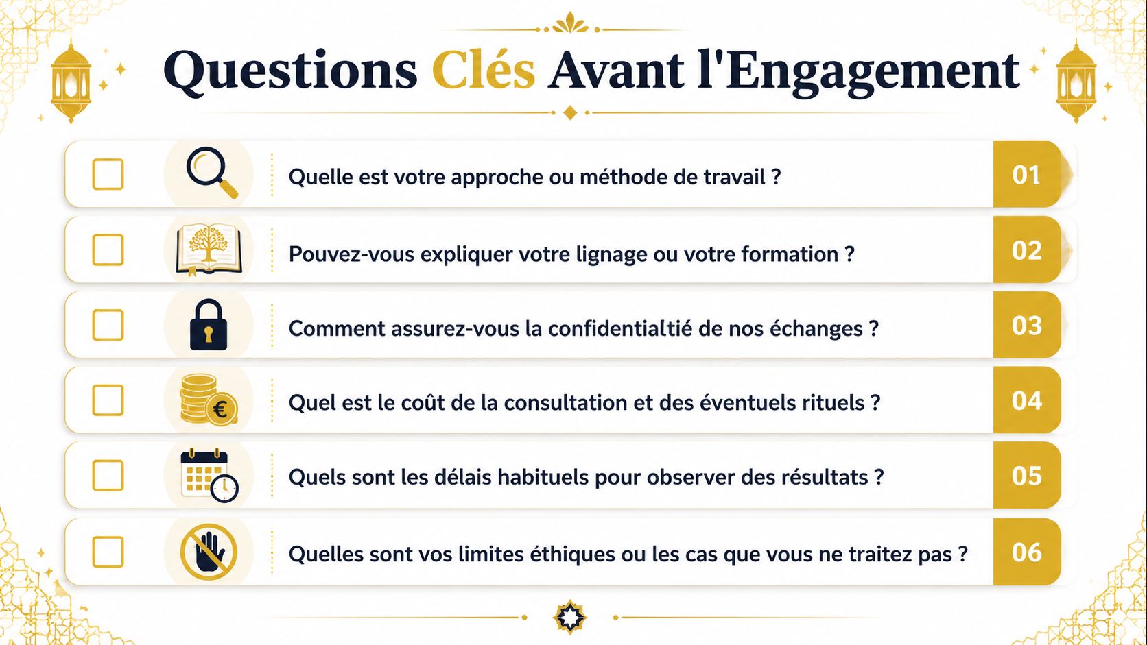 Liste de six questions clés à poser avant de s'engager avec un professionnel ou un marabout.