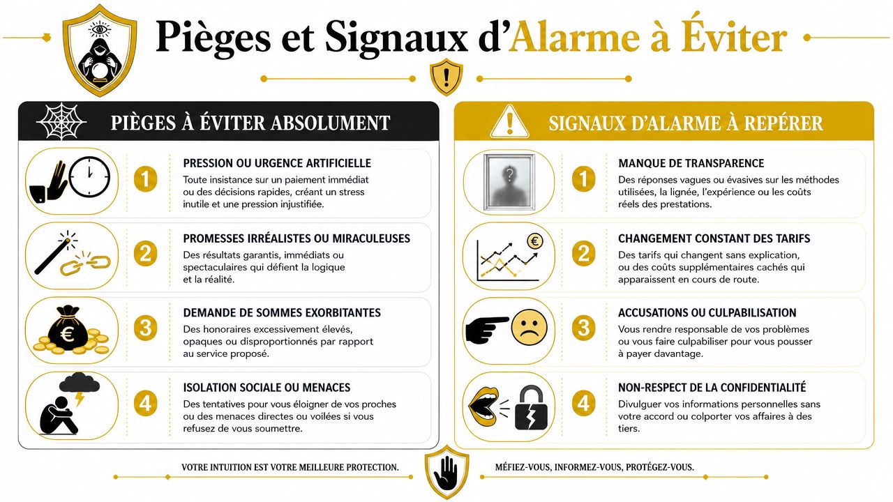 Infographie illustrant les pièges et signaux d'alerte à éviter pour se protéger contre les pratiques frauduleuses.