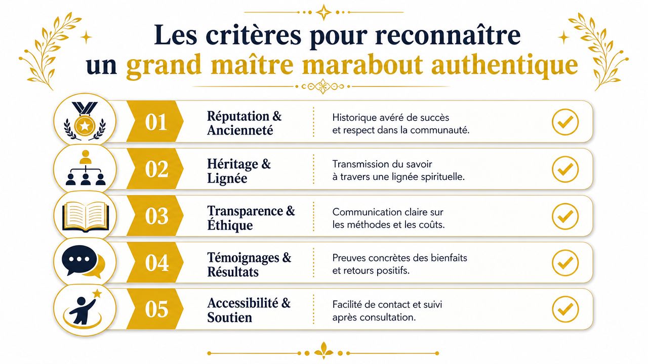 Une infographie listant les cinq critères essentiels pour identifier un authentique grand maître marabout spirituel.