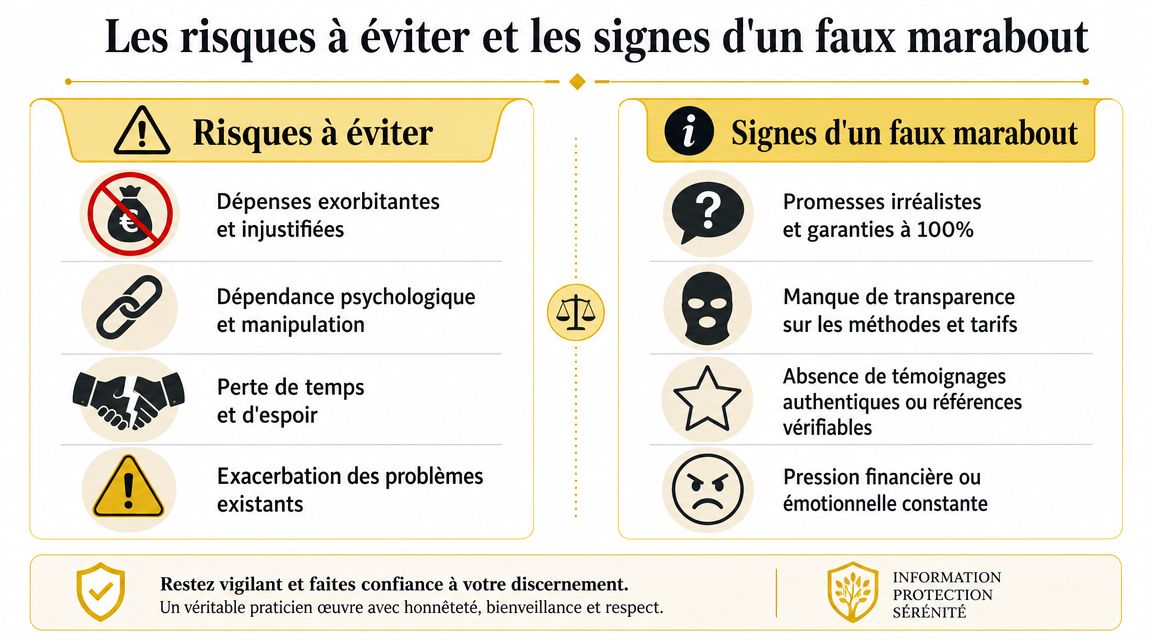 Le plus grand maitre marabout du monde : Guide 2026 Infographie illustrant les risques et les signes révélateurs associés aux pratiques frauduleuses des faux marabouts.