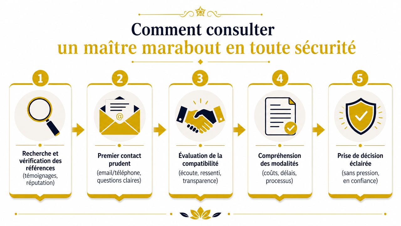 Le plus grand maitre marabout du monde : Guide 2026 Infographie illustrant les cinq étapes essentielles pour consulter un maître marabout en toute sécurité et confiance.