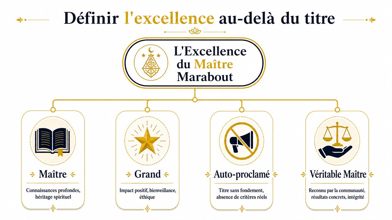 Le plus grand maitre marabout du monde : Guide 2026 Un diagramme illustrant les qualités essentielles définissant l'excellence d'un véritable maître marabout reconnu par la communauté.