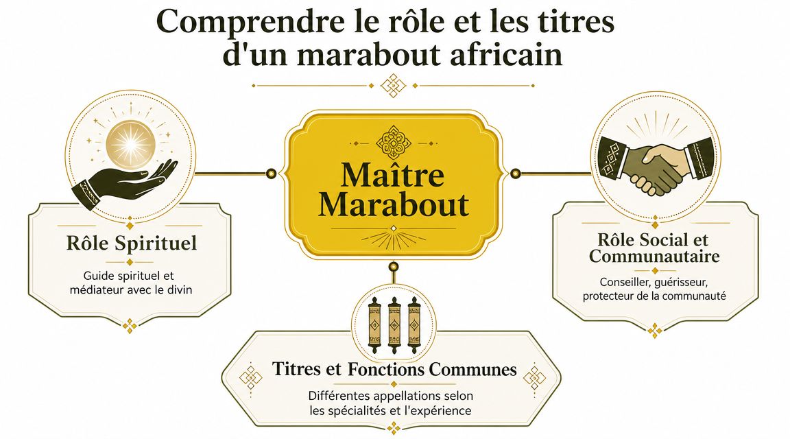 Infographie illustrant les différents rôles spirituels et sociaux d'un maître marabout africain au sein de sa communauté.