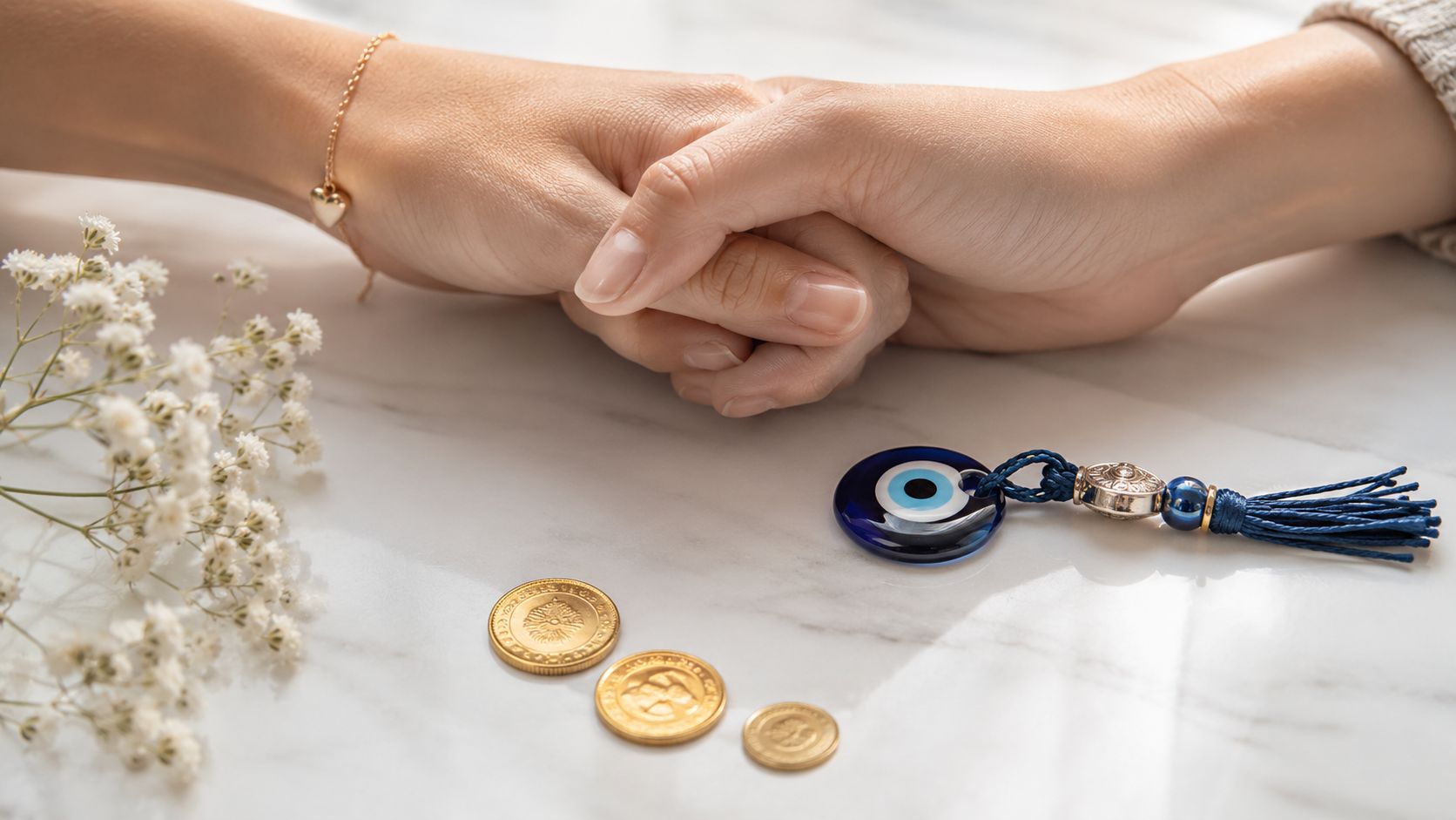 Deux mains qui se tiennent doucement sur une table avec des pièces dorées et une amulette contre le mauvais œil.