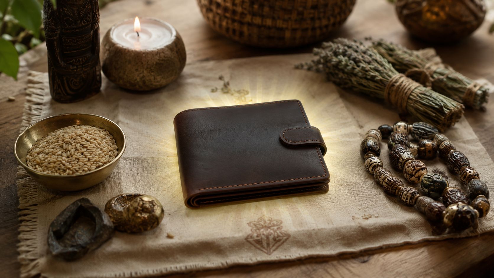 Un portefeuille en cuir marron posé sur une table avec des objets mystiques et ésotériques autour.