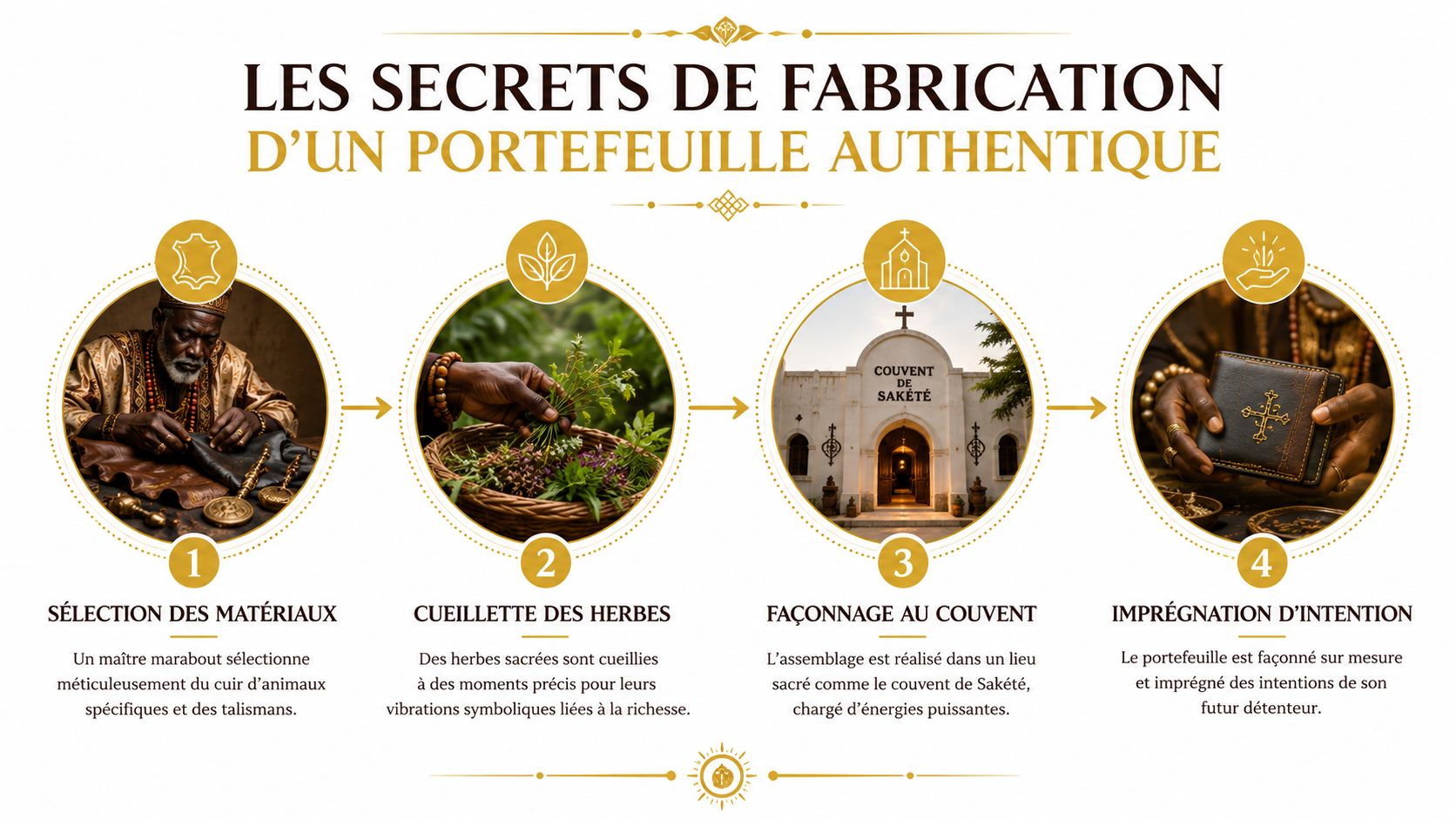Processus de fabrication artisanale d'un portefeuille authentique impliquant rituels, matériaux spécifiques et bénédictions dans un lieu sacré.