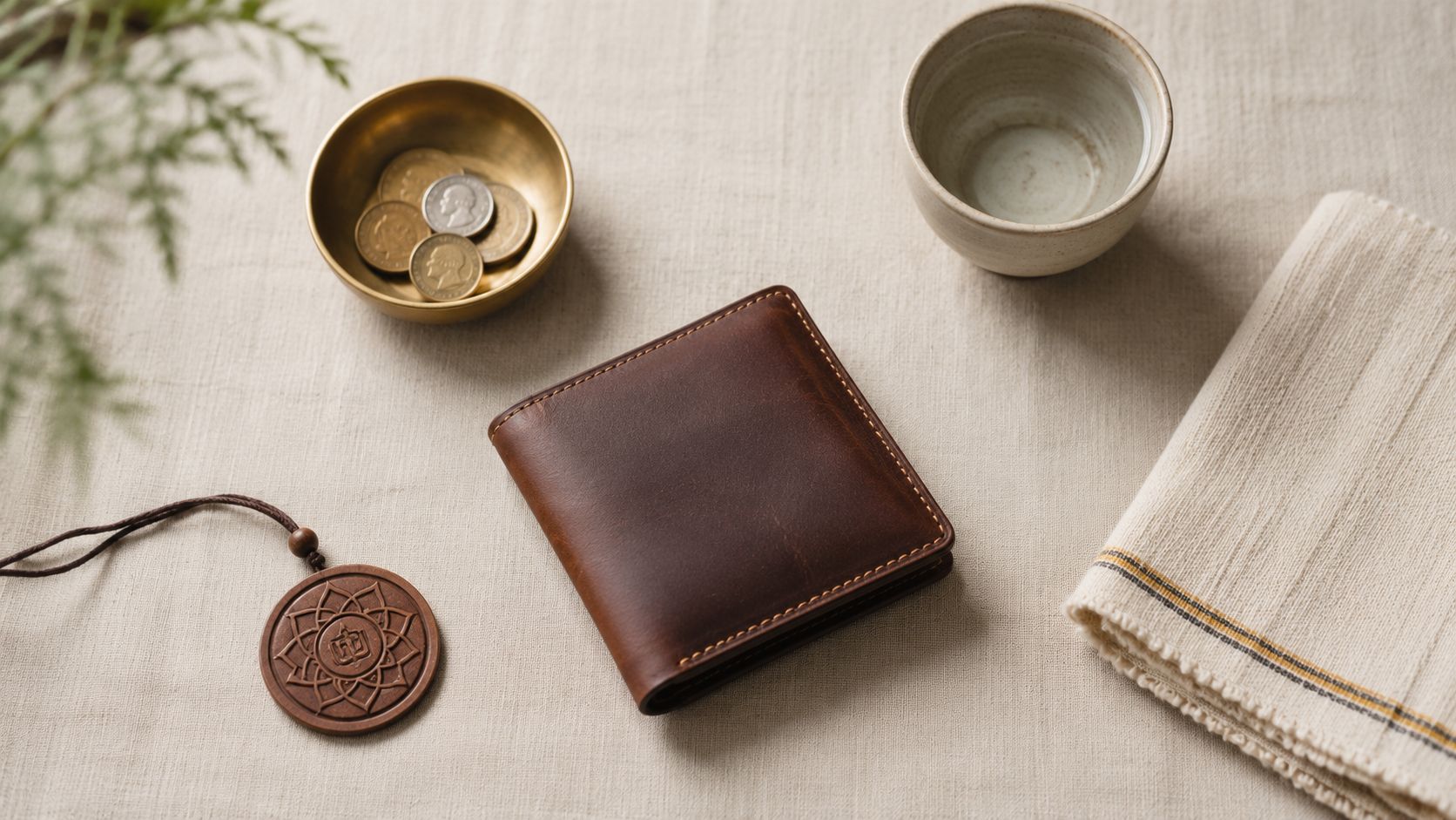 Un portefeuille en cuir marron posé sur une table avec des pièces, une coupelle et un talisman.